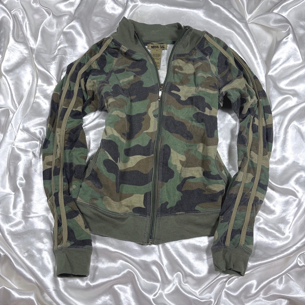 y2k Zip Up Track Jacket Green Camo Excellent Miss 16 Striped Sleeve Cotton